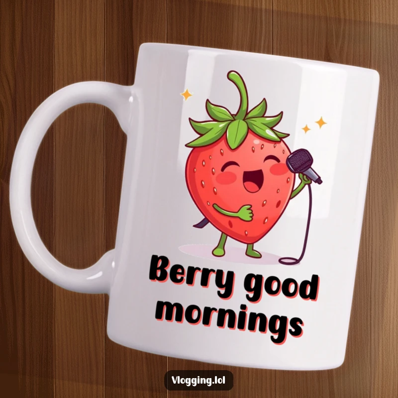 Funny strawberry singer mug: A cheerful, anthropomorphic strawberry with a tiny microphone belting out a tune at a concert. Ideal funny gift.