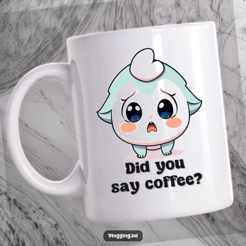 Funny mug featuring a character with wide, surprised eyes, gasping in shock directly at the viewer.