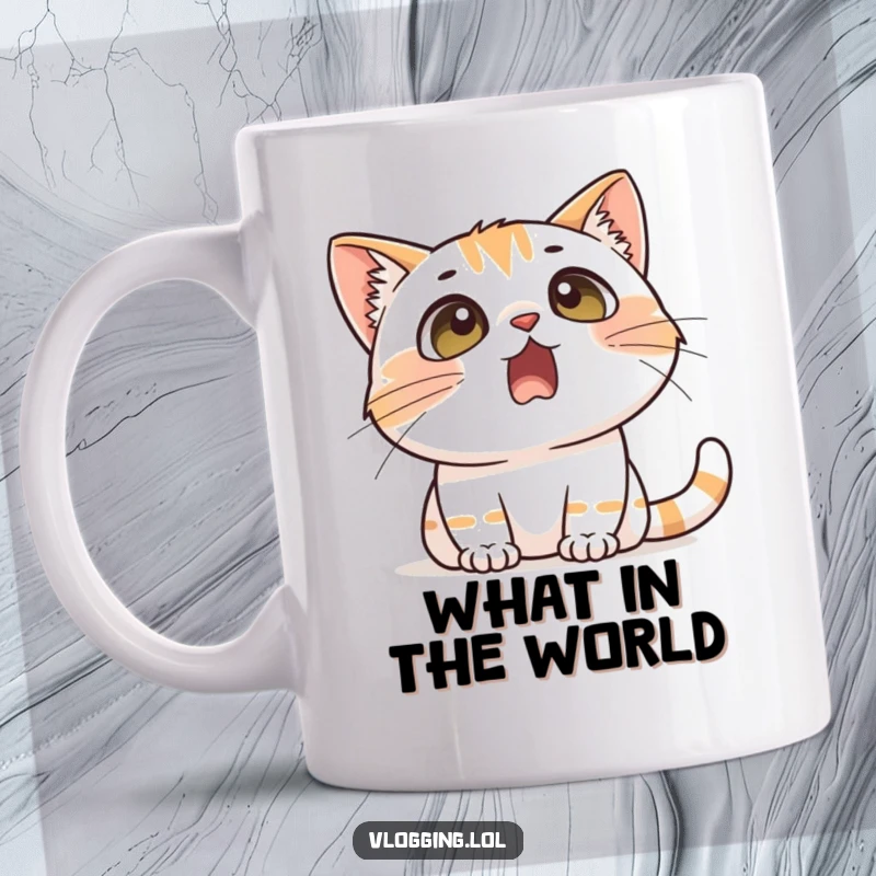 Funny cat mug showing a cat with dramatically wide eyes and an open mouth, reacting with humorous surprise to something unseen.