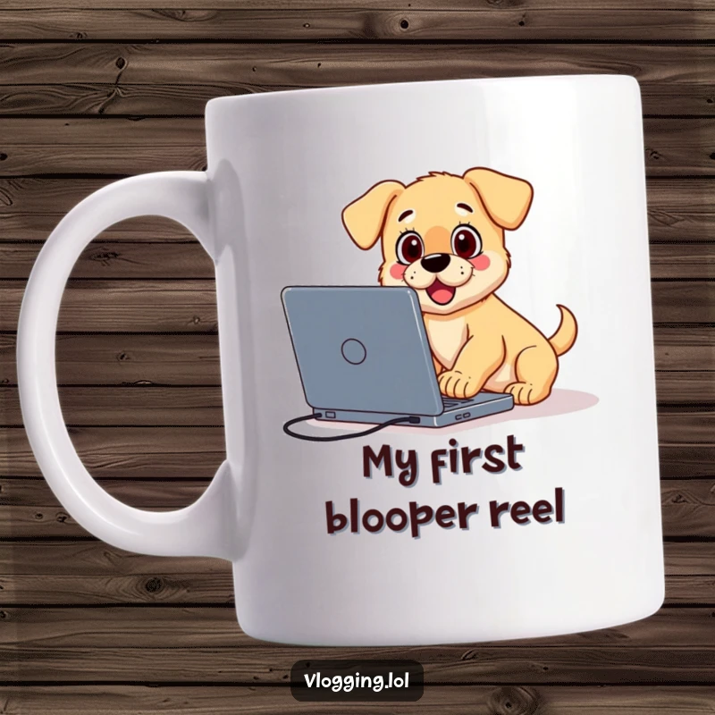 Funny ceramic mug showing a surprised puppy tumbling over a laptop while trying to vlog, embodying creator struggles humorously.