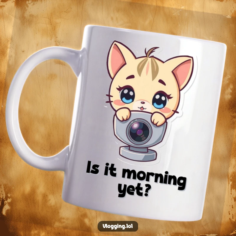 Funny mug with a wide-eyed character innocently peeking around a webcam, conveying curiosity and mischief.
