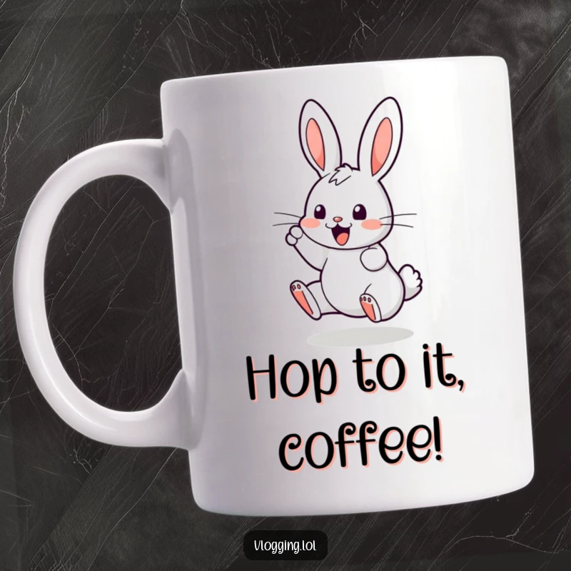 Funny mug showing a bouncing bunny enthusiastically tapping on a glowing digital screen, representing modern obsession with humor.