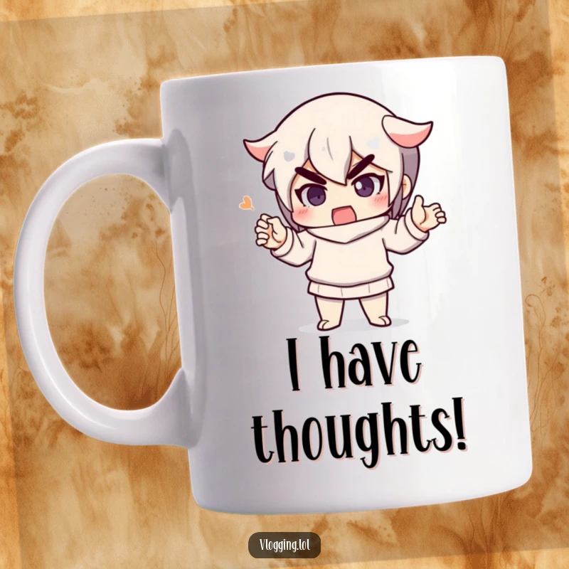 Funny mug with a determined character speaking animatedly with emphatic hand gestures, ideal for expressive individuals.