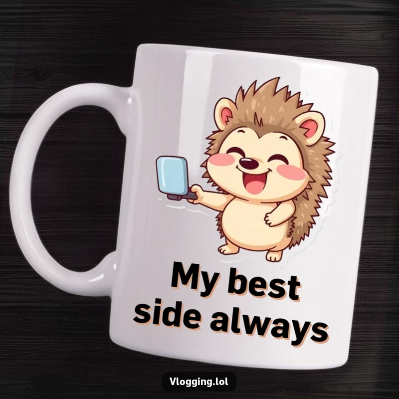 Funny ceramic mug with a giggling hedgehog smiling widely while holding a selfie stick, symbolizing joyful self-expression.