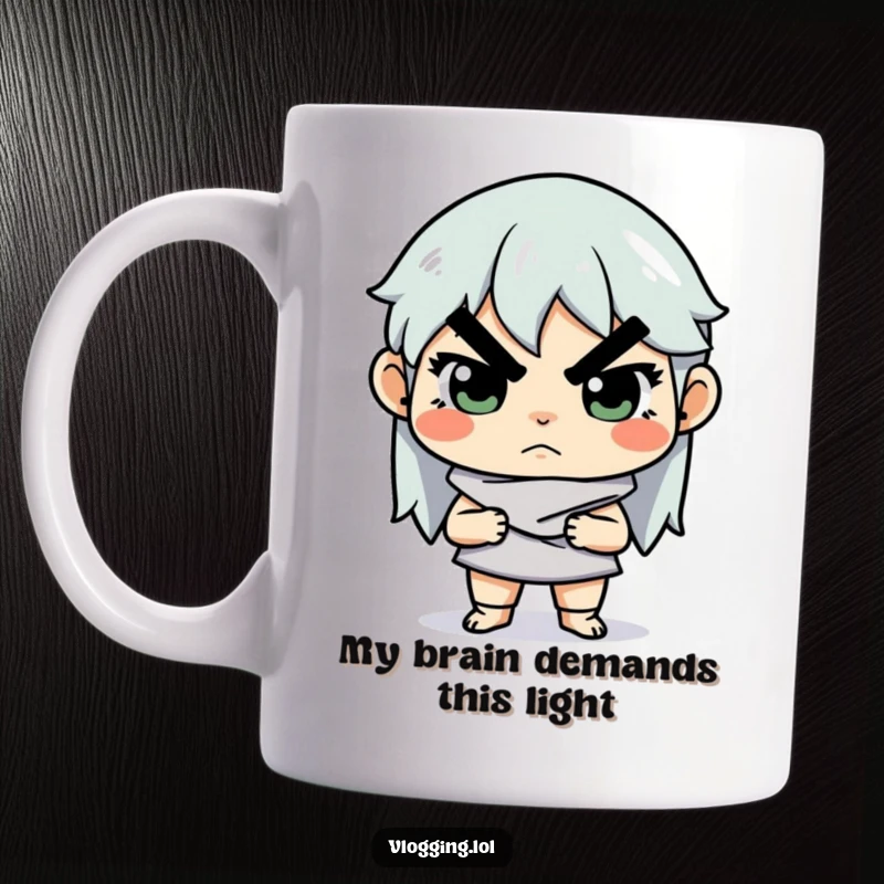 Funny mug featuring a determined creator intensely adjusting studio lighting, embodying serious artistic focus and dedication to their craft.