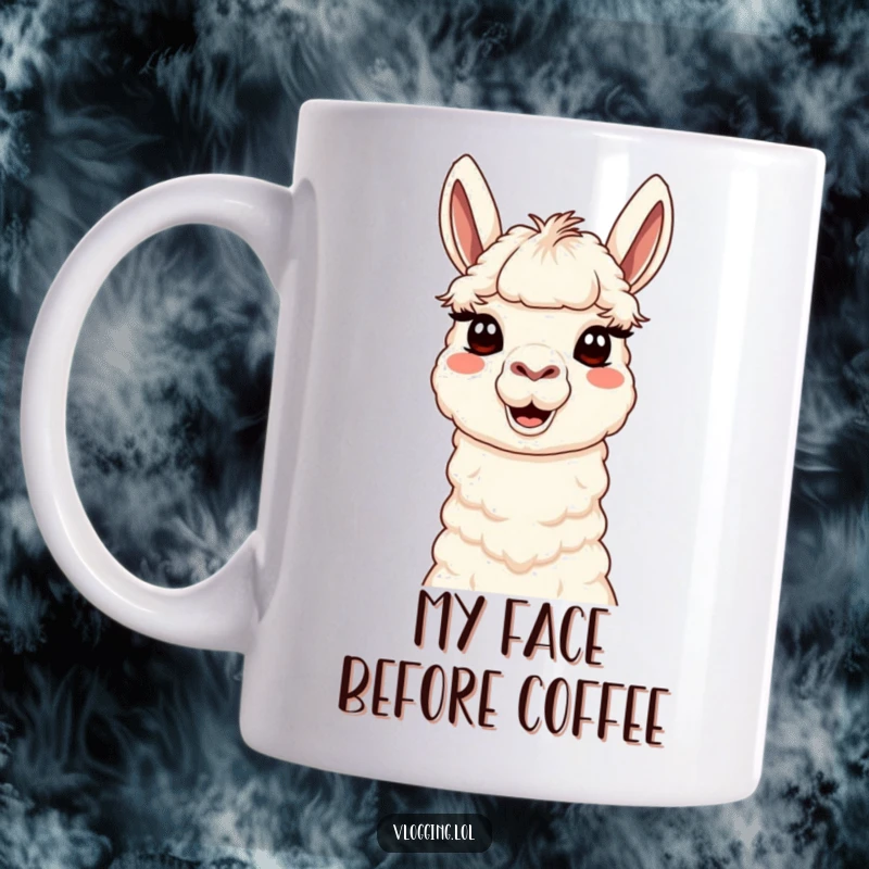 Funny Content Llama Mug featuring a cute llama making a humorous silly face for the camera, perfect for creative professionals.