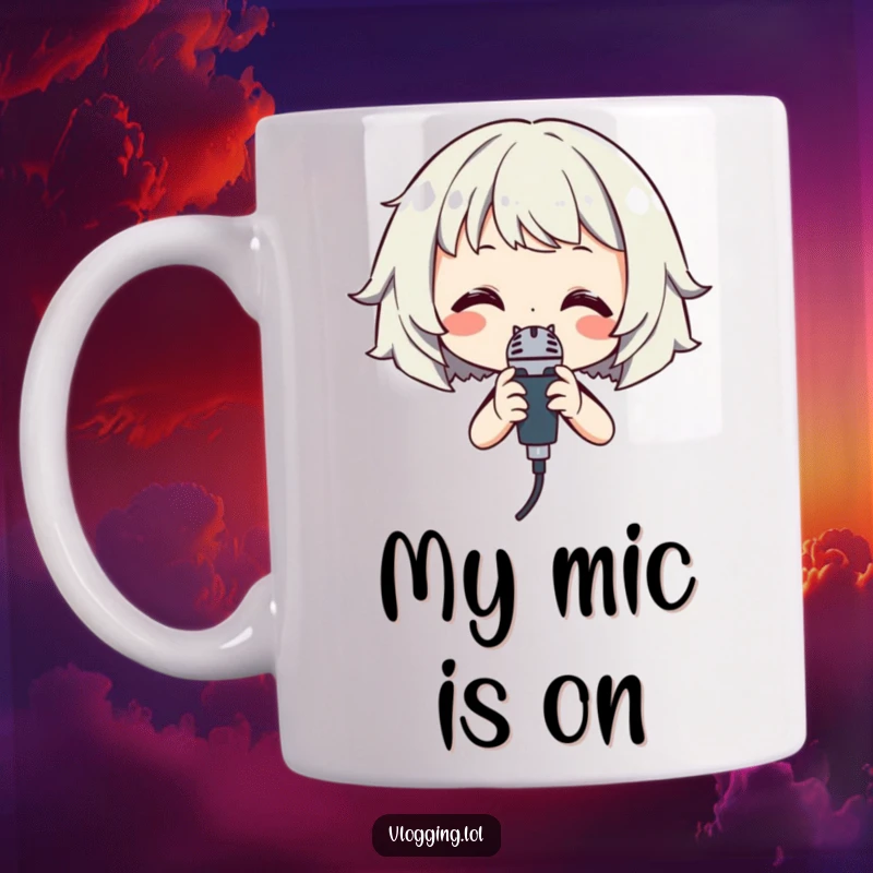 Funny Singer Mug: A smiling character holding a microphone close, ready to belt out a tune with joyful energy.