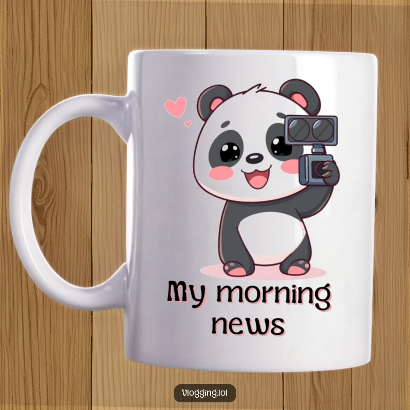 Funny Panda Mug showing a cheerful panda animatedly talking into a video recorder, a humorous gift for content creators.