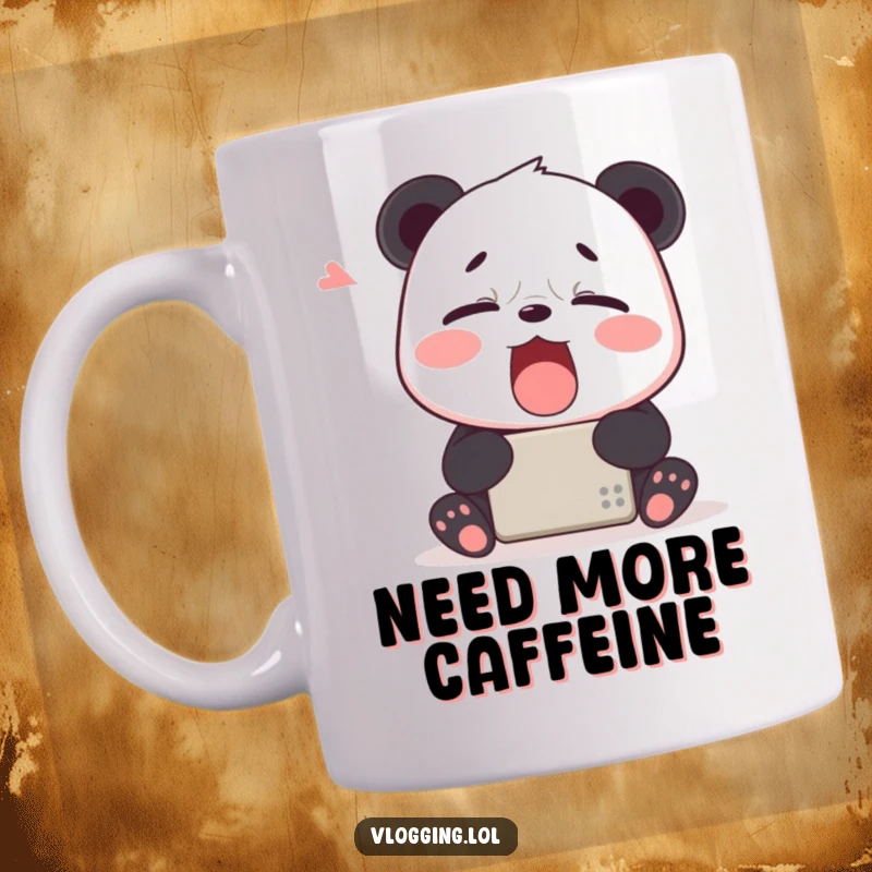 Funny mug showing a very tired panda yawning widely directly in front of a glowing digital device, embodying exhaustion.