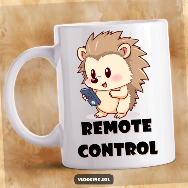 Funny curious hedgehog mug, holding a small remote and pressing a button with focus, depicting a comical tech-savvy woodland creature.