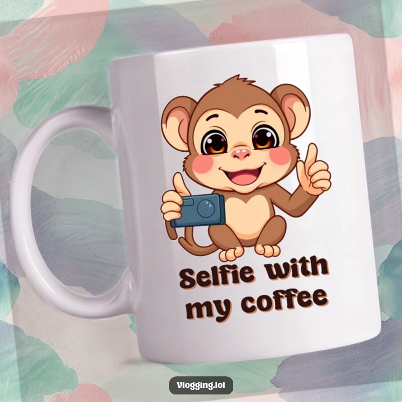 Funny Monkey Selfie Mug showing a mischievous monkey filming itself with a variety of exaggerated, funny faces.