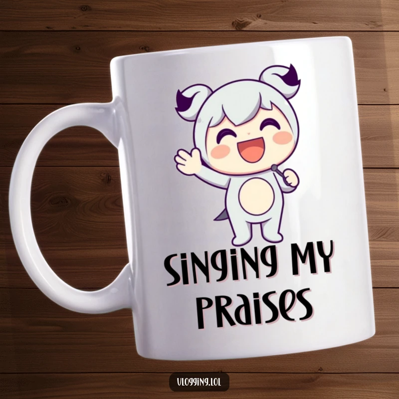 Funny mug featuring a happy character holding a microphone and enthusiastically waving, embodying the spirit of a performer.