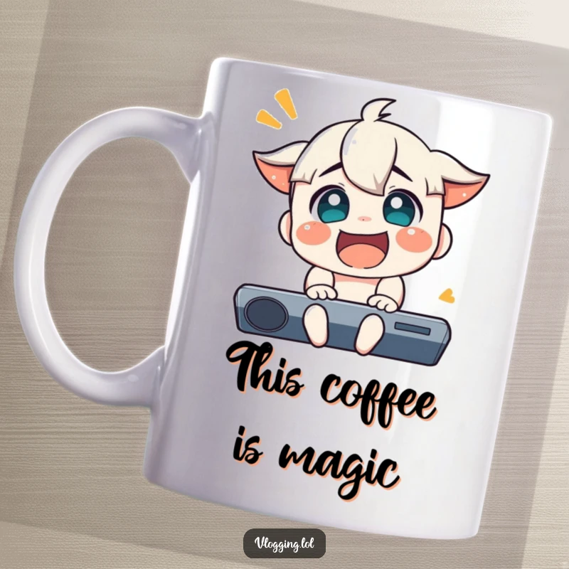 Funny mug showing a character reacting with extreme, exaggerated joy and excitement to something delightful off-screen, perfect for happy folks.