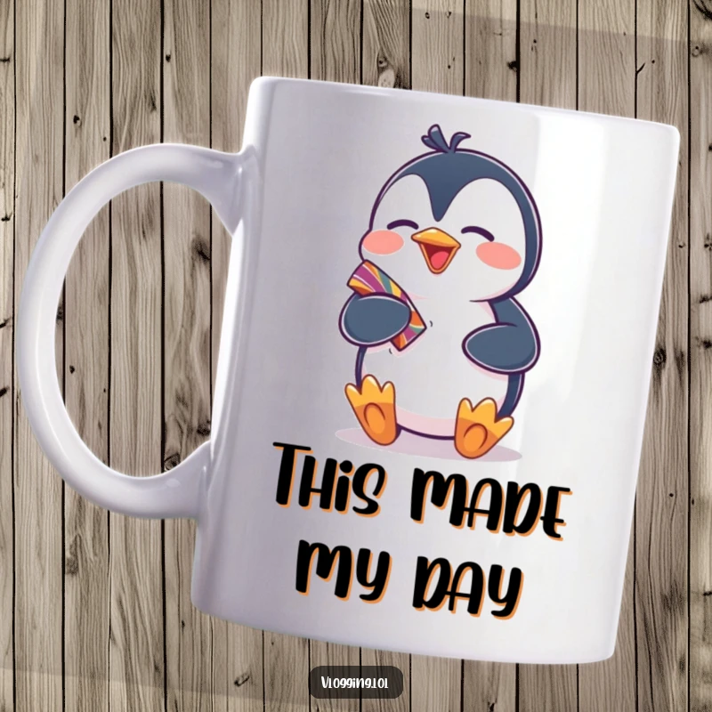 Funny penguin mug showing a happy penguin giggling while excitedly presenting a bright, colorful object, radiating pure joy and humor.