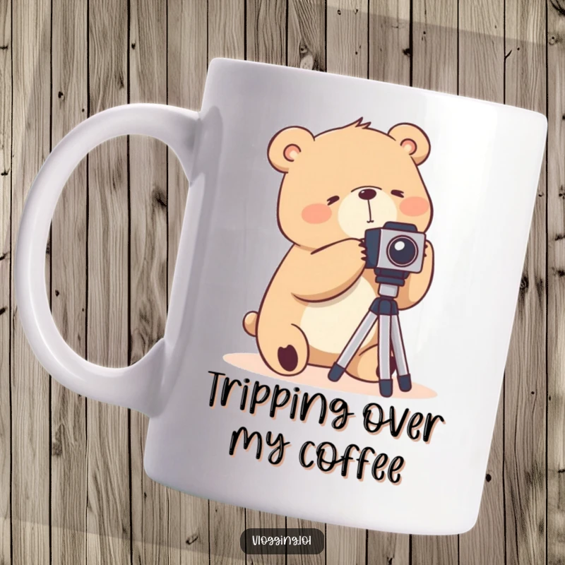 Funny bear mug showing a silly bear fumbling awkwardly with a camera tripod, capturing photography mishaps with humor.