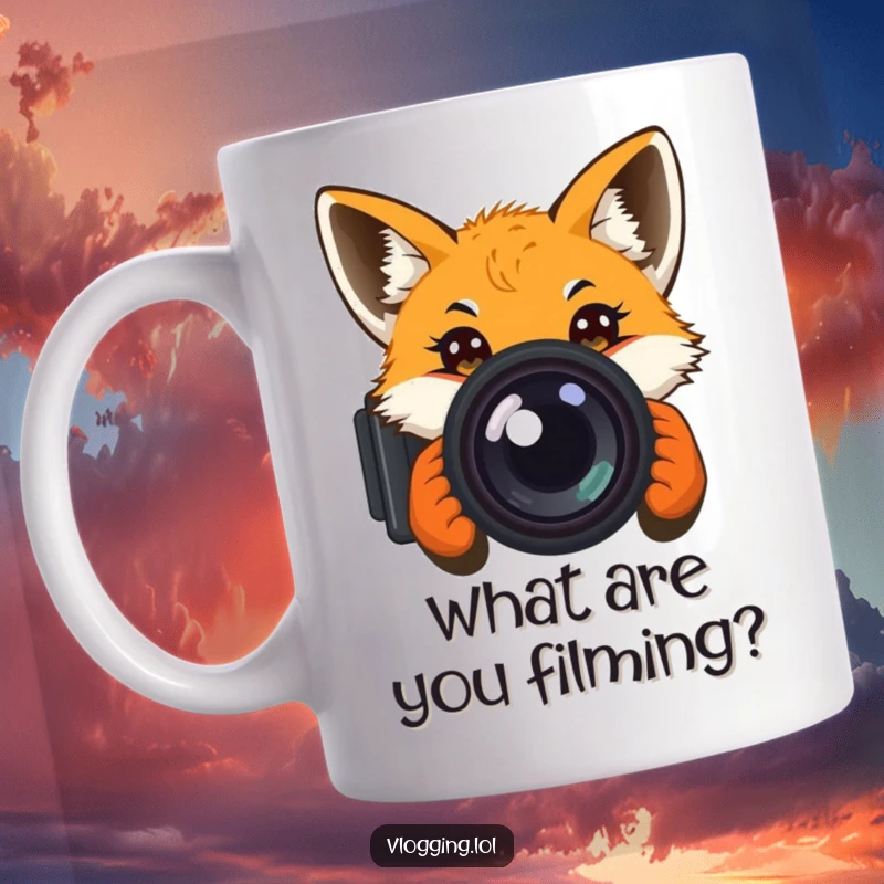 Funny mug with a curious fox peeking directly into the camera lens with large, expressive eyes, inviting interaction.