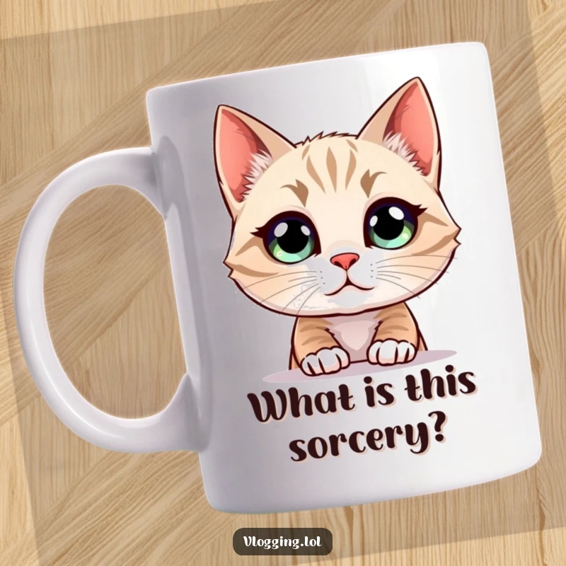 Funny Cat Mug featuring a wide-eyed cat intensely staring at a glowing screen, embodying digital curiosity and humor.