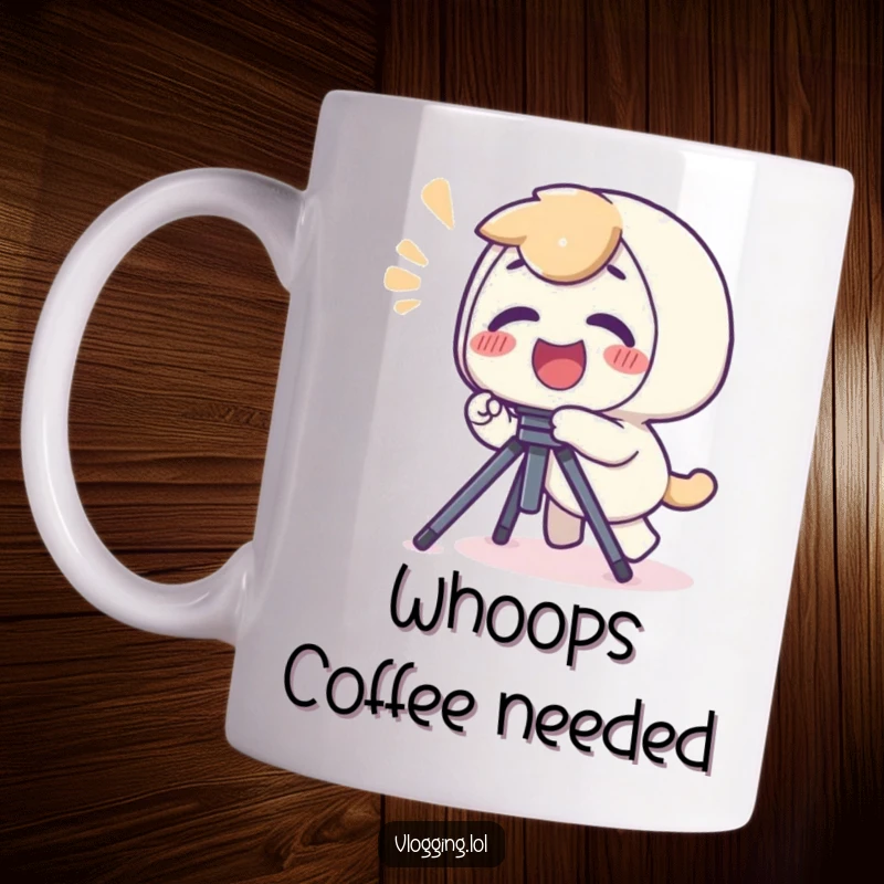 Funny mug showing a giggling character mid-trip over a camera tripod, letting out a playful yelp.