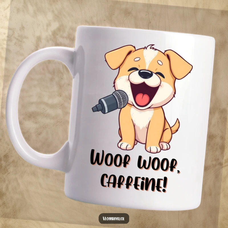 Funny puppy mug showing a happy, energetic puppy barking excitedly into a microphone with its mouth wide open.