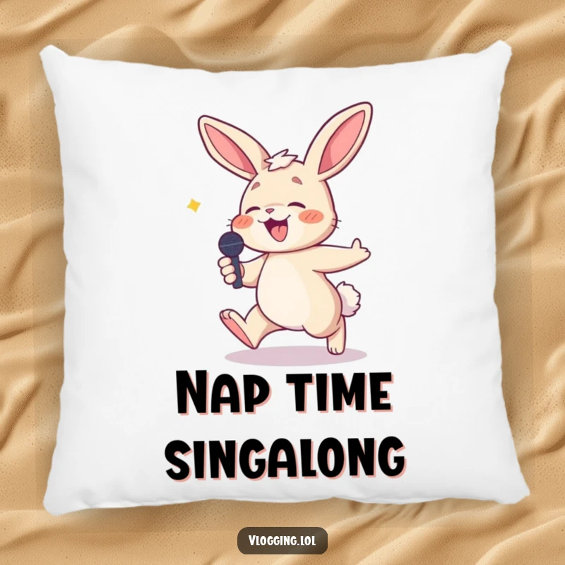 Funny pillow featuring a giggling bunny stumbling slightly with a microphone, adding a touch of humorous comfort to any setting.