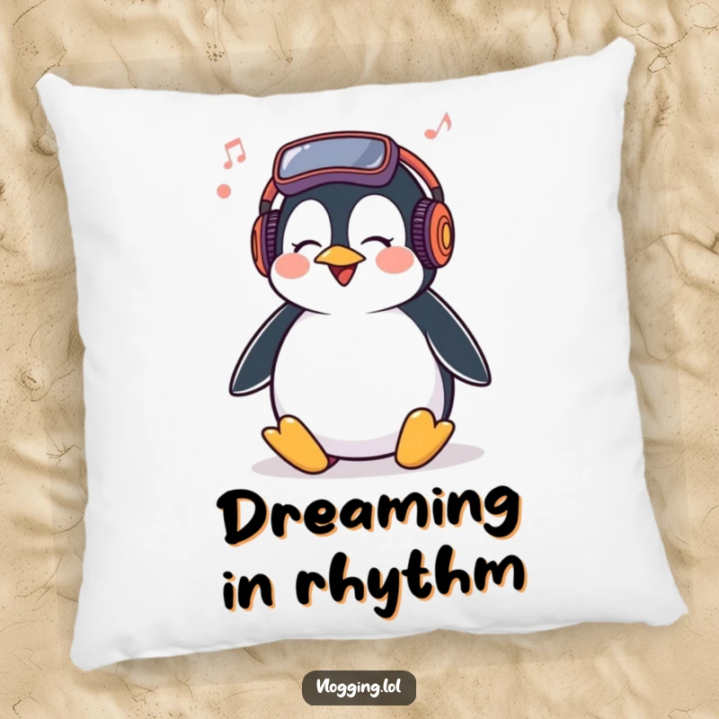 Funny Penguin Pillow with a giggling penguin joyfully bopping its head to vlogging music, adding humor and comfort.