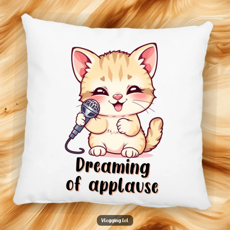 Funny Kitten Pillow featuring a giggling kitten holding a shiny microphone, perfect for cozying up. Soft, decorative, and full of musical cheer.
