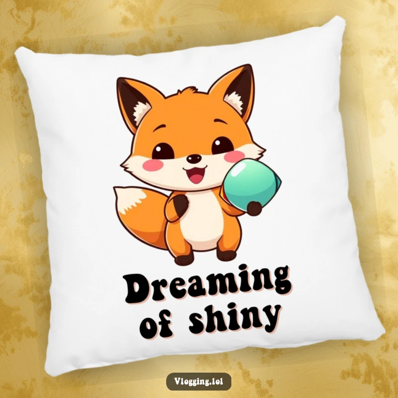 Funny pillow featuring a delighted fox enthusiastically showing off a vividly colored object, adding a touch of humor to any couch.