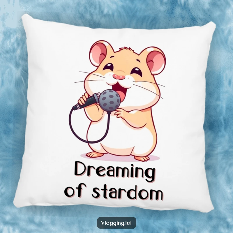Funny pillow featuring an excited hamster holding a microphone, looking ready to sing its heart out, providing a humorous and comfortable accent.
