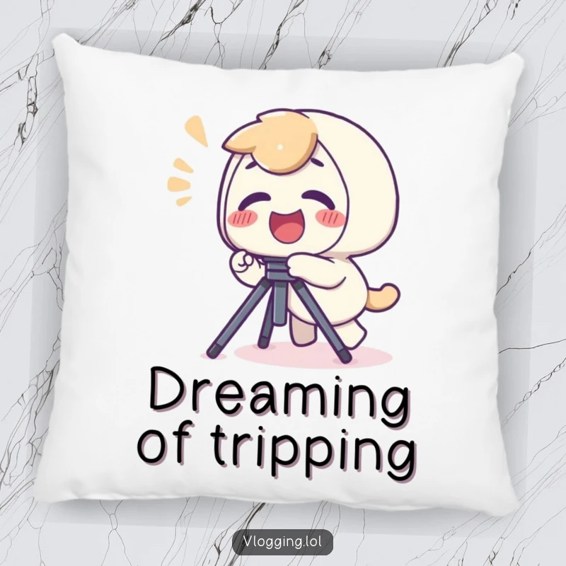 Funny pillow showing a giggling character tripping over a camera tripod, a silly expression on their face.