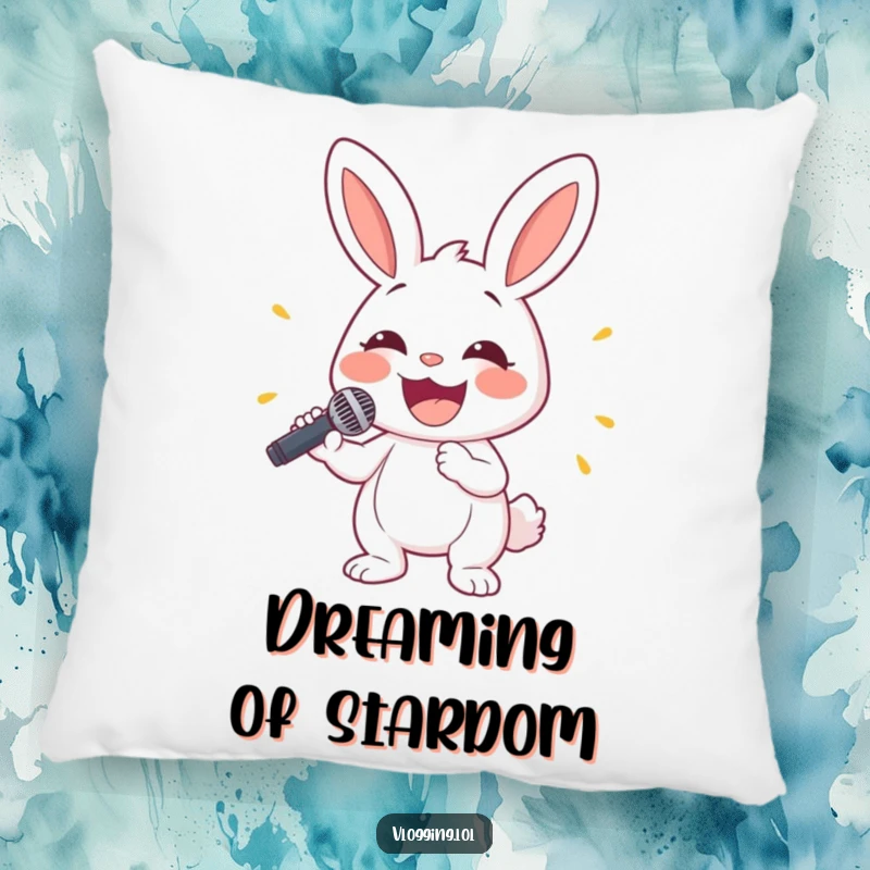 Funny bunny pillow featuring a happy rabbit holding a microphone with a wide smile, great for music-themed rooms.