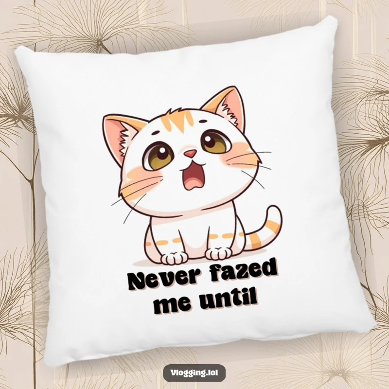 Funny pillow showcasing a cat with a dramatically surprised expression, eyes wide and mouth open, providing humorous comfort and a reaction-ready accent.