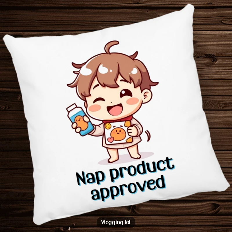 Funny pillow featuring a cheerful character with a wide smile demonstrating a product, perfect for adding comfort and joy.