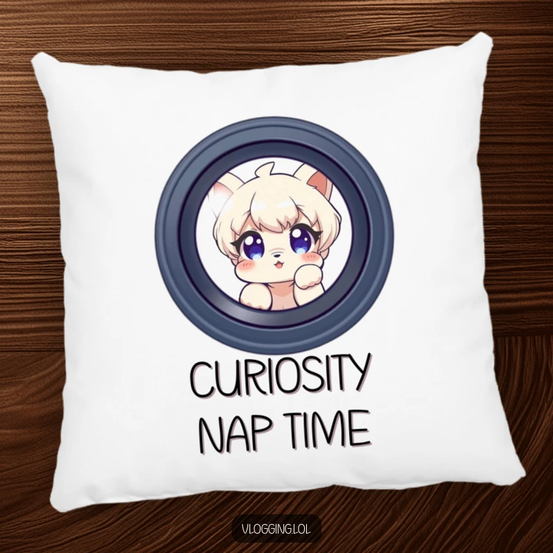 Funny pillow depicting a curious character peeking into a camera lens, offering comfort and a humorous touch.