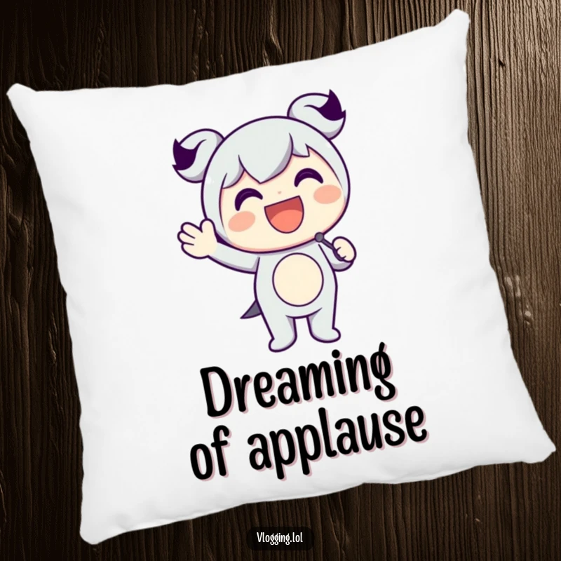 Funny pillow featuring a happy character holding a microphone and waving enthusiastically, symbolizing comfort and performance.