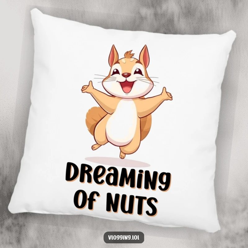 Funny beaming squirrel pillow, jumping excitedly while recording, offering comfort and a charmingly amusing creative accent.
