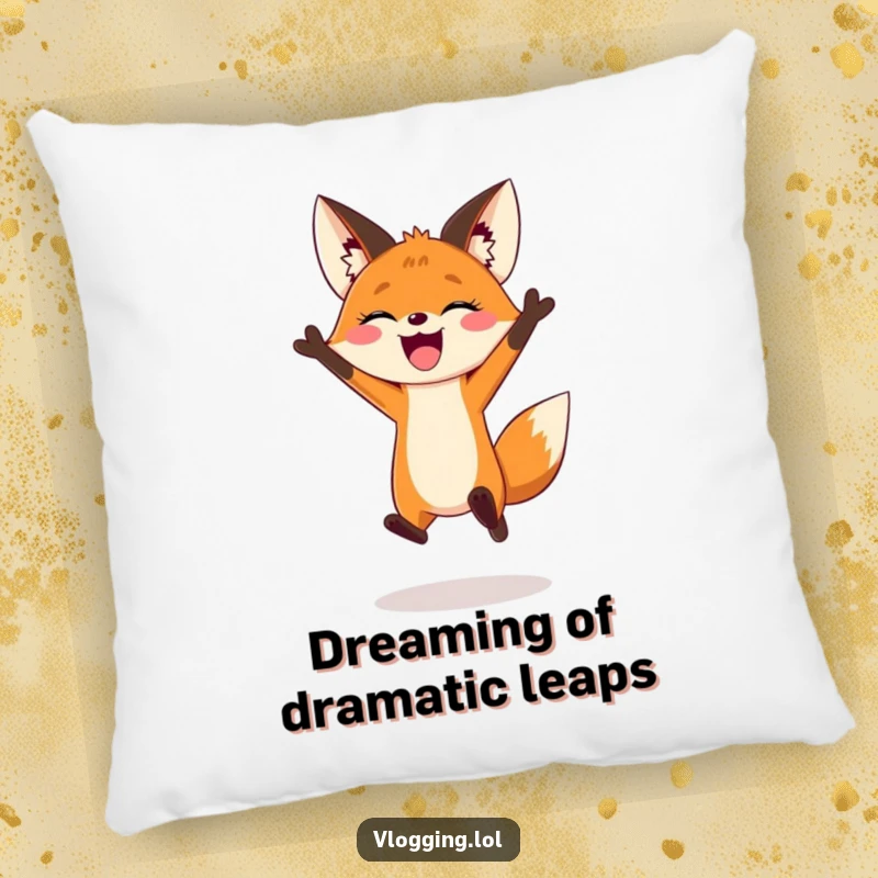 Funny pillow featuring a joyful fox jumping dramatically for a vlogging intro, adding comfort and creator humor.