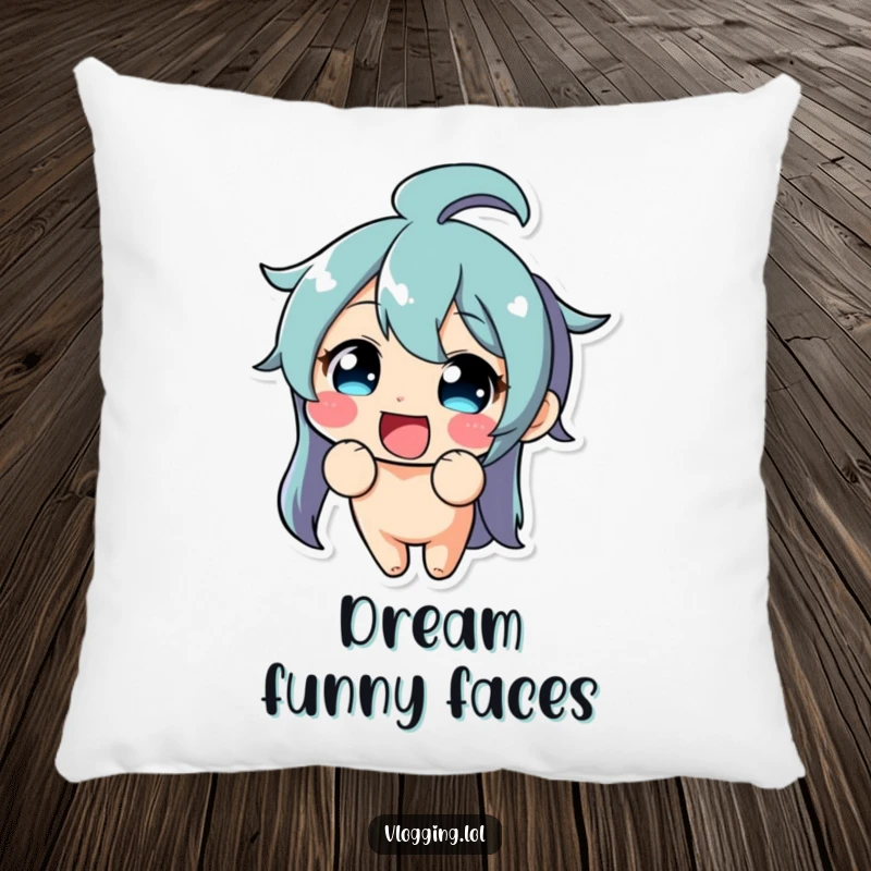Funny pillow showing a delighted character making a silly, exaggerated funny face directly towards the viewer.