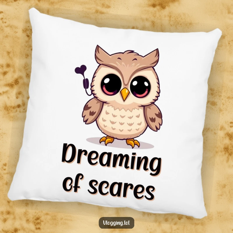 Funny owl pillow with a joyful owl and wide eyes recording a spooky sound, cozy Halloween decor.