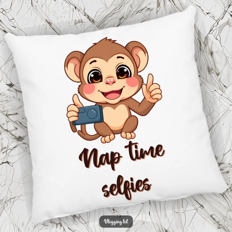Funny Monkey Selfie Pillow showing a mischievous monkey filming itself with a comical assortment of funny faces, perfect for snuggles.