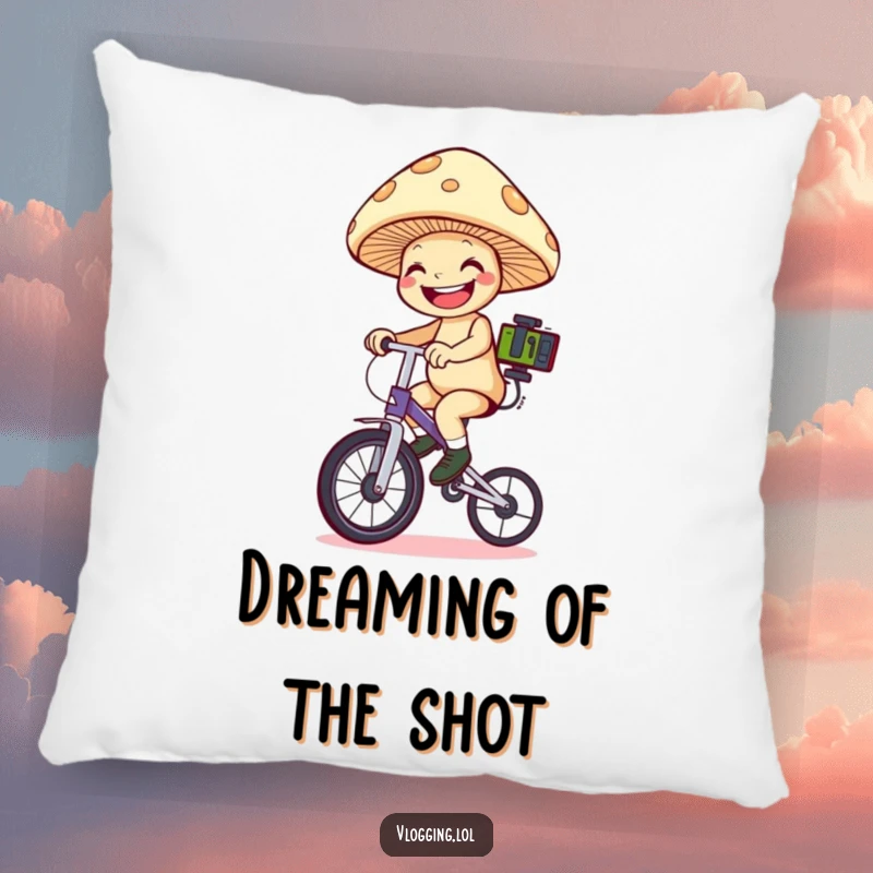 Funny mushroom unicyclist pillow: A smiling mushroom rides a unicycle while holding filming equipment, looking happy. Great funny gift.