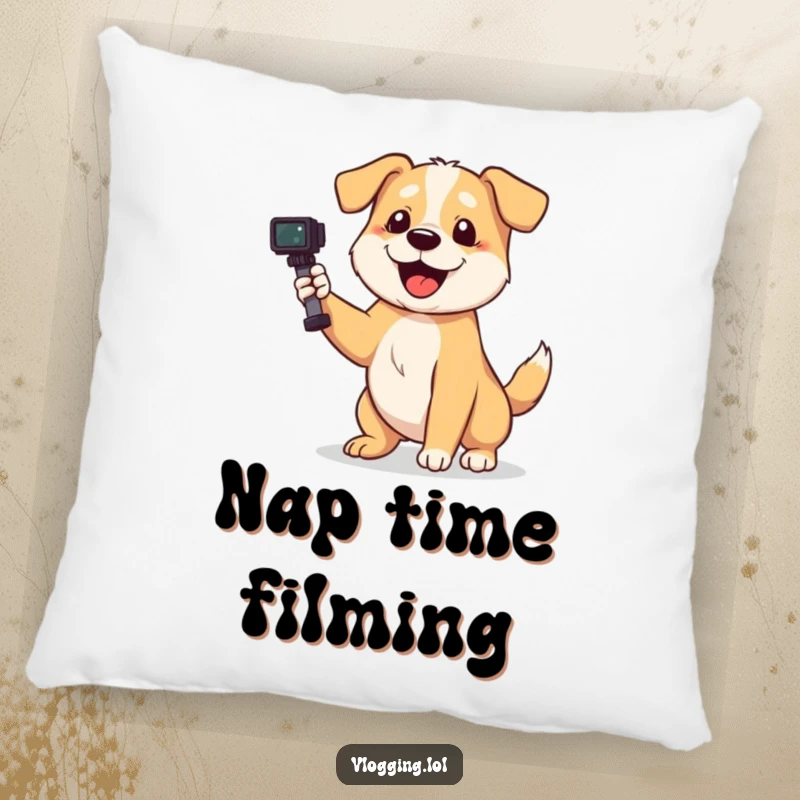 Funny dog pillow with a playful dog wagging its tail enthusiastically while filming, cozy creator decor.
