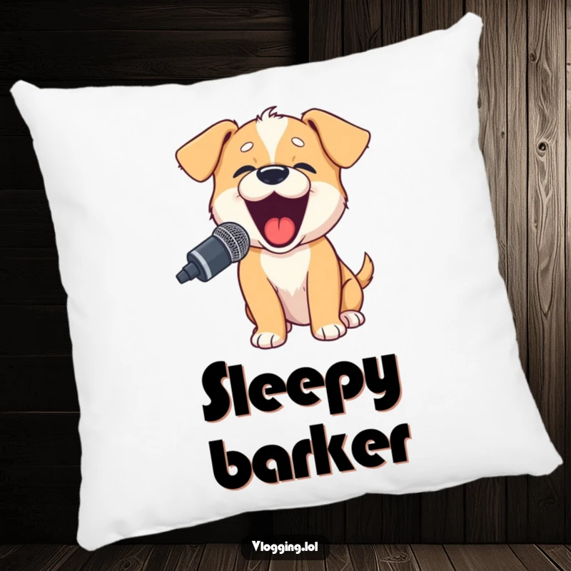 Funny puppy pillow featuring a happy puppy barking excitedly into a microphone, great for podcast studios or living rooms.