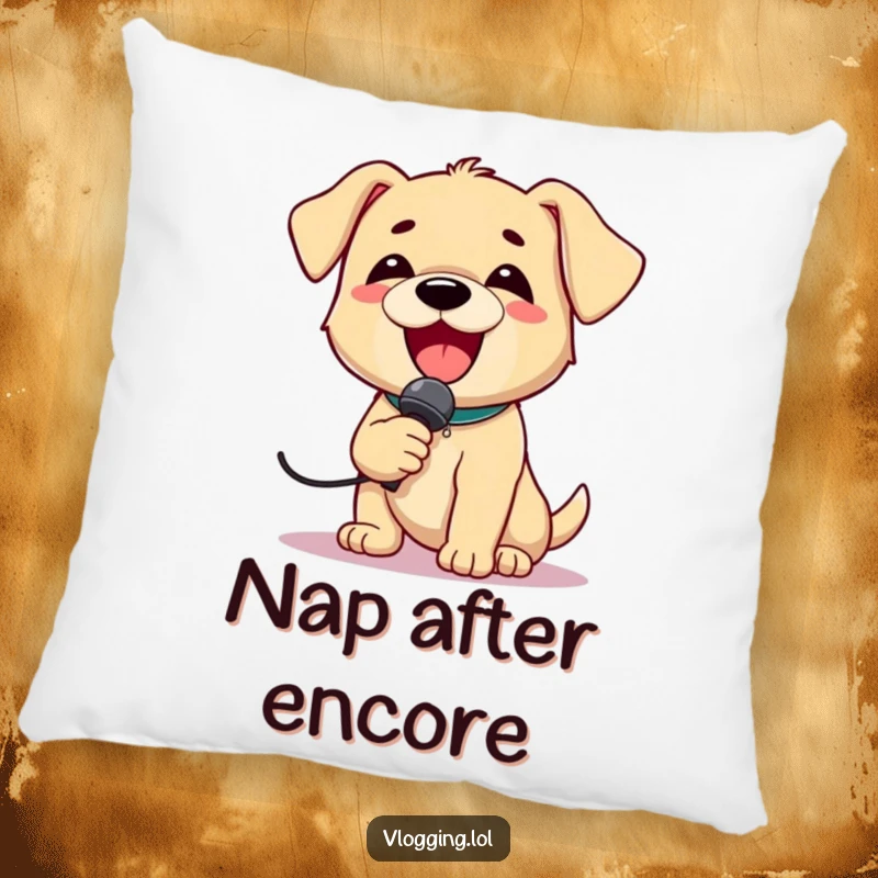 Funny Puppy Singer Pillow showing a delighted puppy holding a microphone and singing loudly with pure, unadulterated joy.