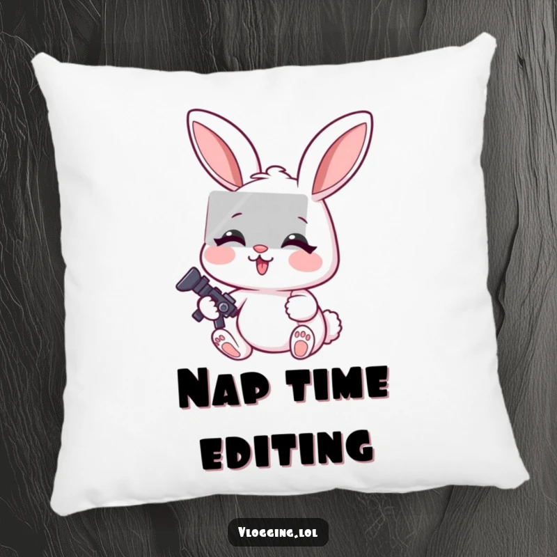 Funny pillow featuring a cheerful rabbit with a very focused expression, engrossed in the task of editing a video.