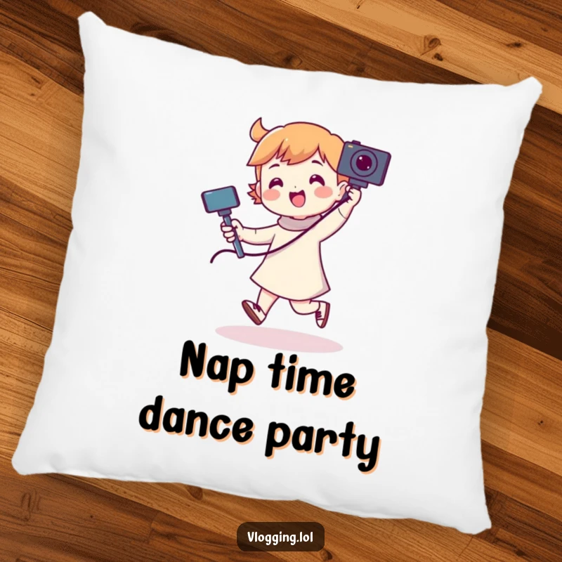 Funny pillow design shows a character gleefully dancing with a camera on a selfie stick, bringing vibrant energy to a space.
