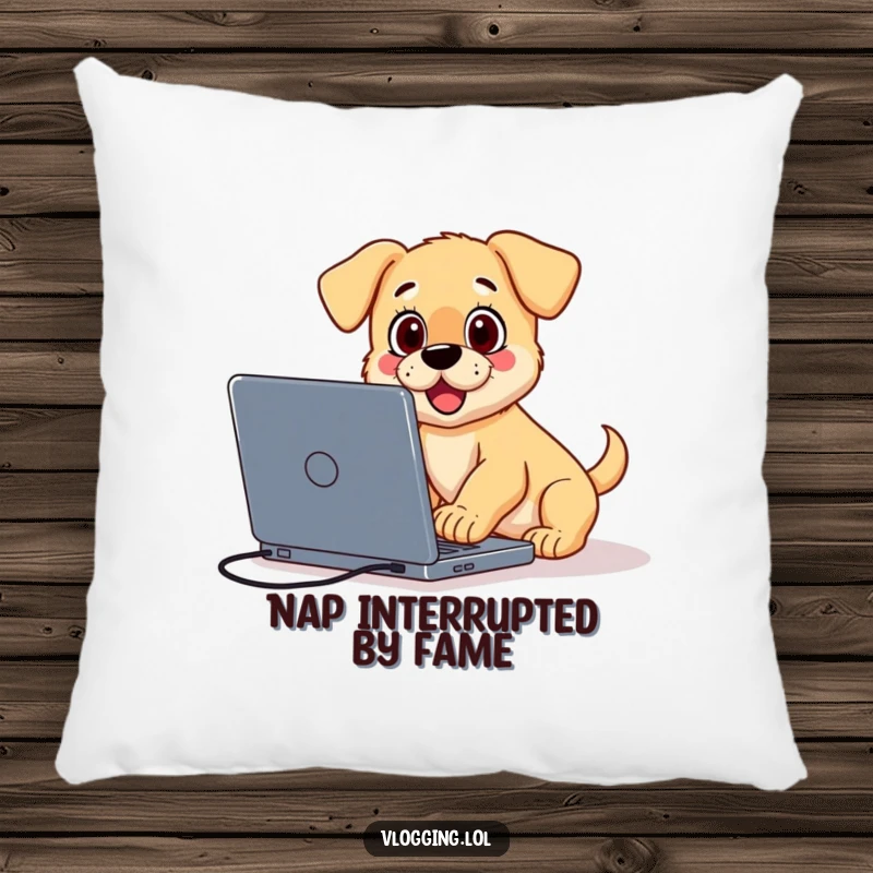 Funny decorative pillow with a surprised puppy falling over a laptop while vlogging, adding humorous creator comfort.