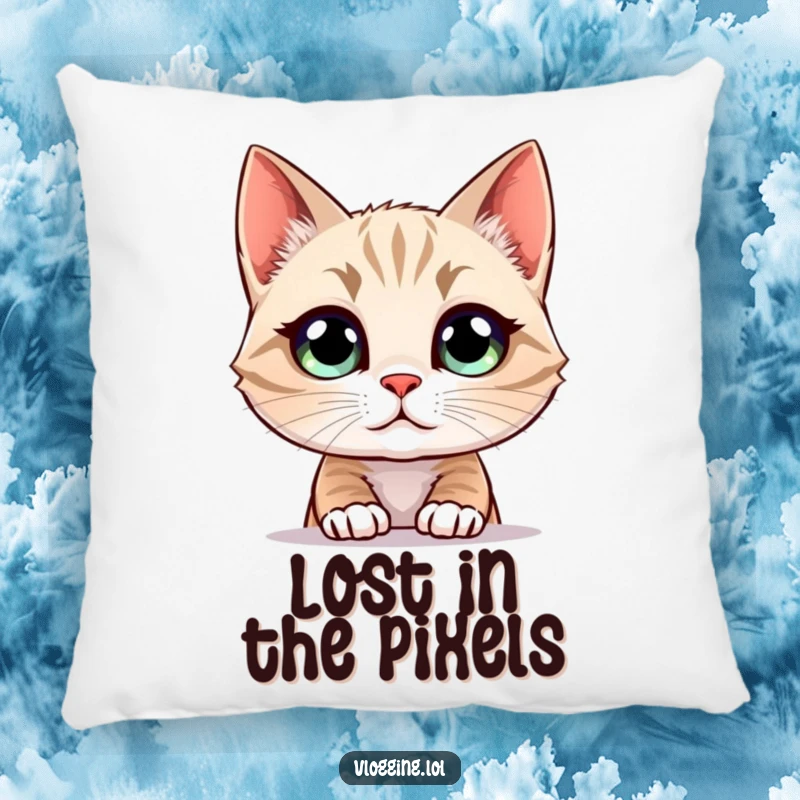 Funny Cat Pillow featuring a curious cat with wide eyes staring intently at a screen, adding humor to home decor.