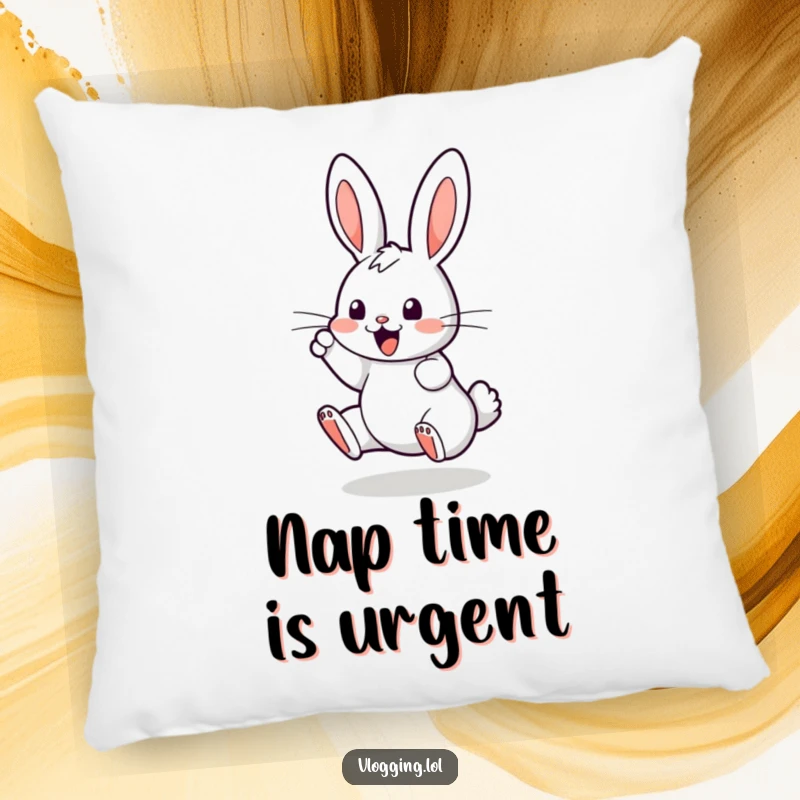 Funny pillow with a bouncing bunny enthusiastically tapping on a digital screen, offering comfort and a humorous, tech-savvy vibe.