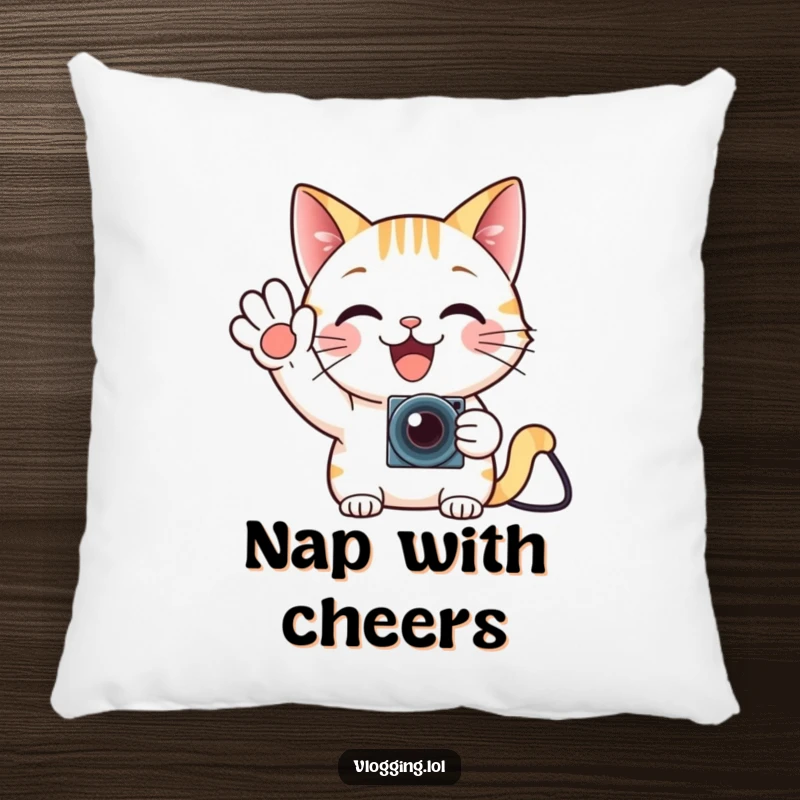 Funny cat gamer pillow, waving enthusiastically at a tiny camera, comfortable and humorous.
