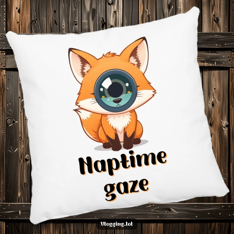 Funny pillow with a curious fox staring intently into the camera lens, conveying a playful vibe. Soft home accent.